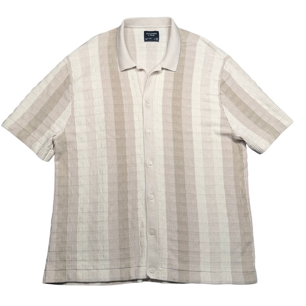 Abercrombie & Fitch Men XXL Cable Knit Stripe Button Up Polo Shirt Beige Cream